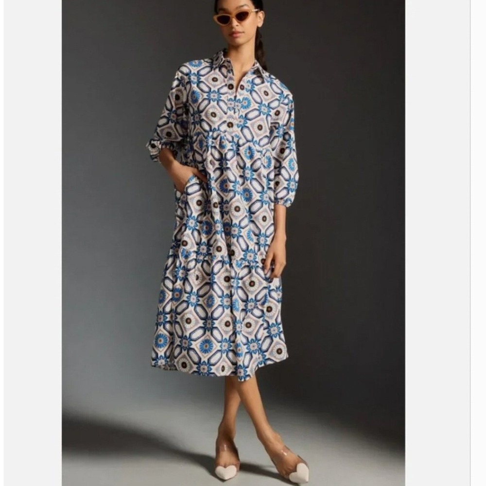 Maeve Anthropologie The Bettina Tiered Shirt Dress Sapphire Blue Floral Small